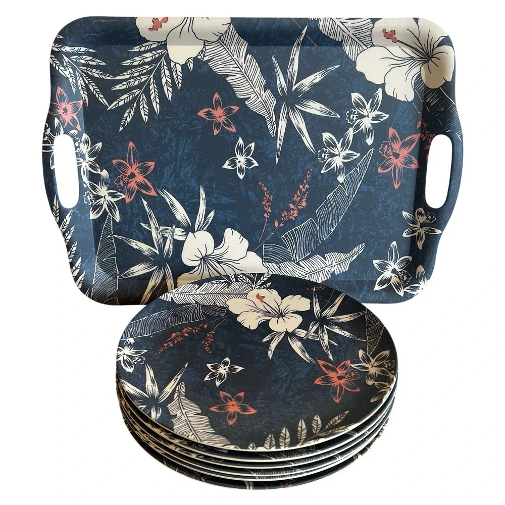 Tropical‎ Hibiscus Tiki  Blue Melamine Tray  + 7 Dinner Plates Caribbean Joe